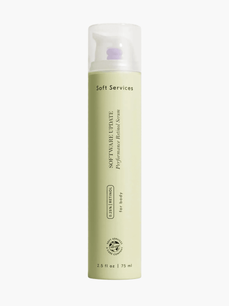 Soft Services Software Update Performance Retinol Serum in branded light green bottle with serum pump on light gray background