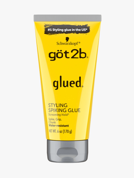 Got2b Glued Styling Spiking Hair Gel in branded yellow tube with gray cap on light gray background
