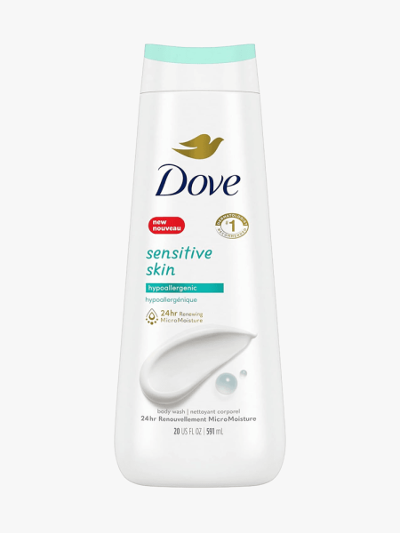 Dove Sensitive Skin Body Wash in branded component on a light gray background